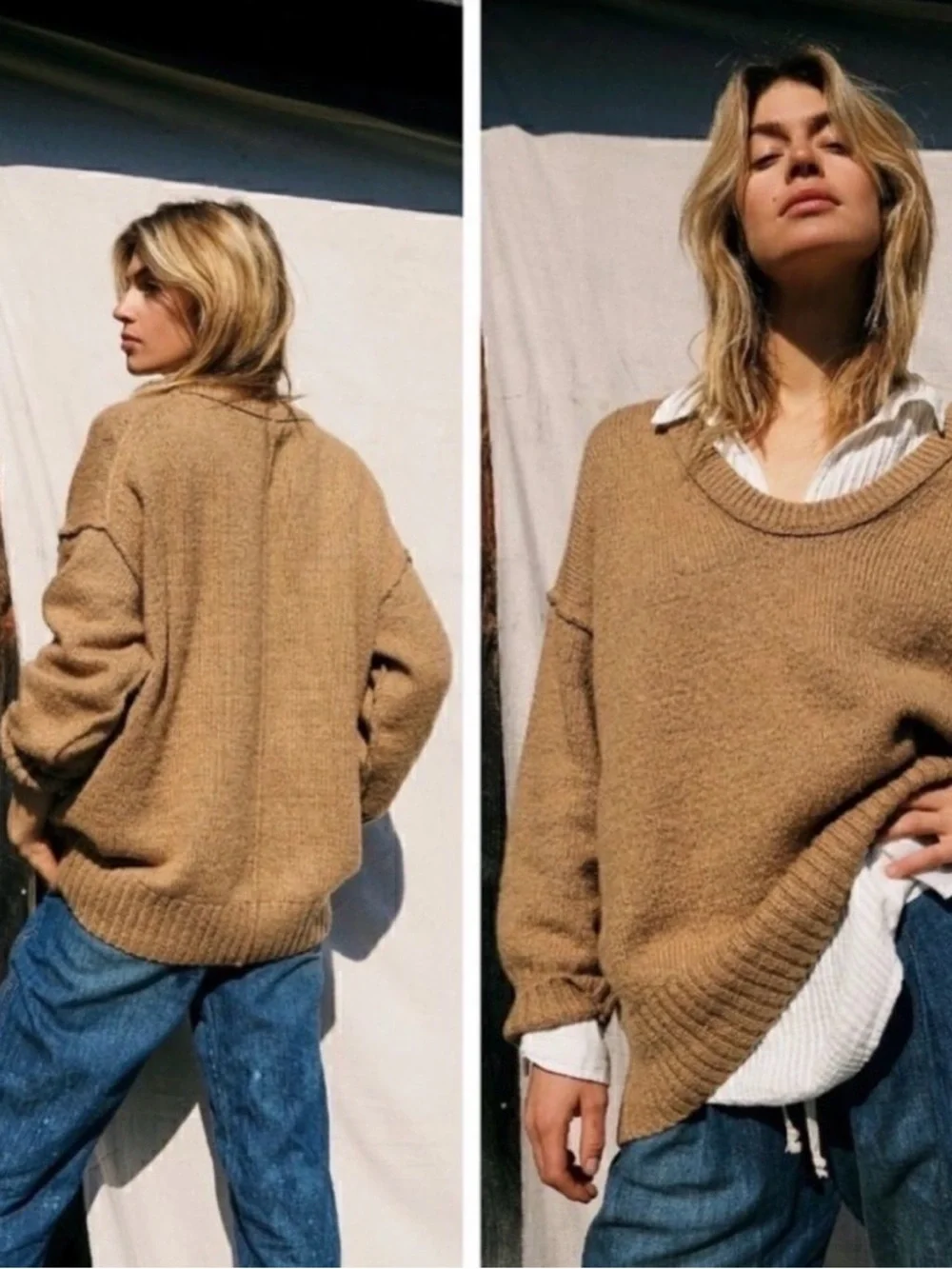Free People Women's Brookside Tunic Oversized Sweater Desert Camel Size Small
